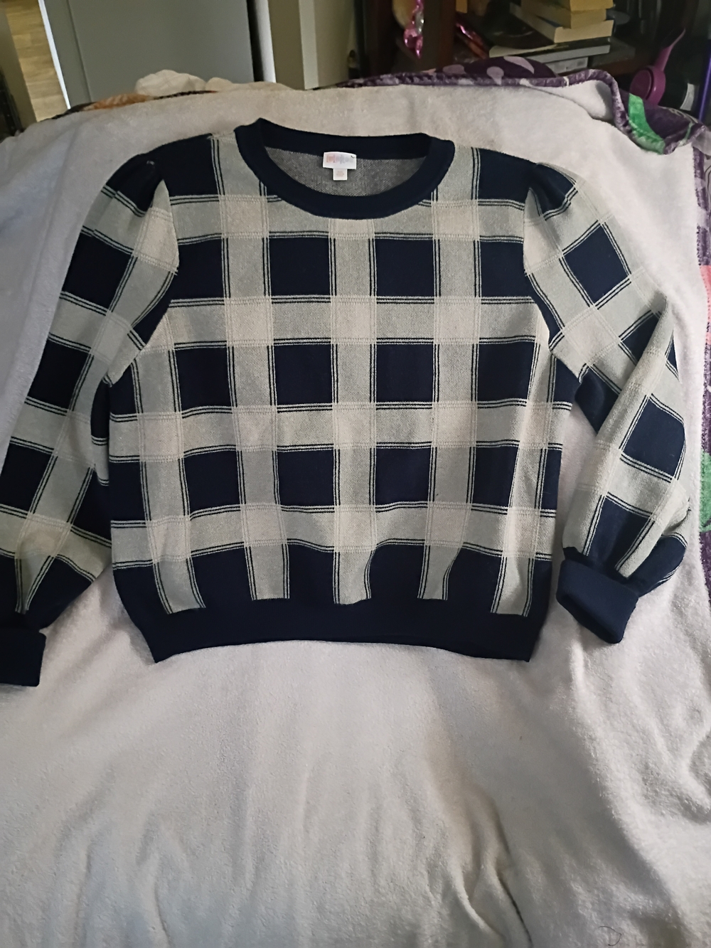 LuLaRoe Navy and Cream Plaid Crewneck Sweater